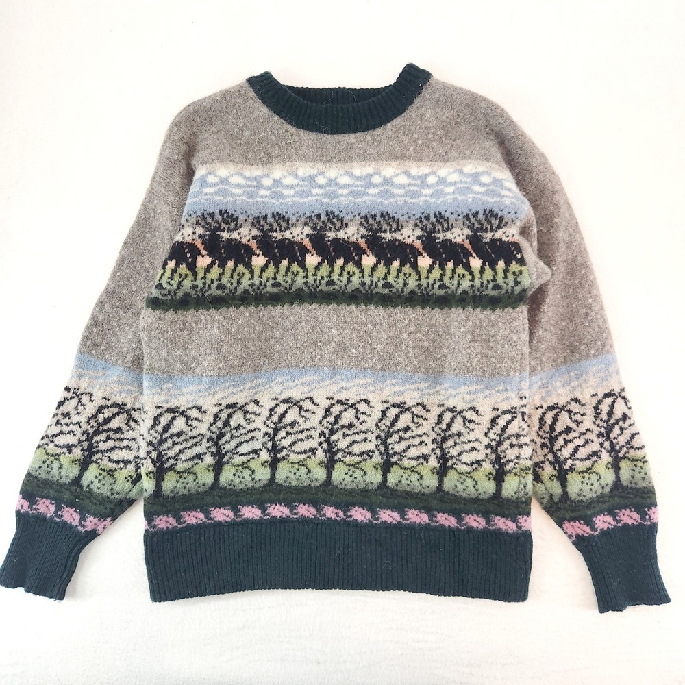Vintage Handknit Wool Fair Isle Moose Tree Landscape Sweater Grey Green Small